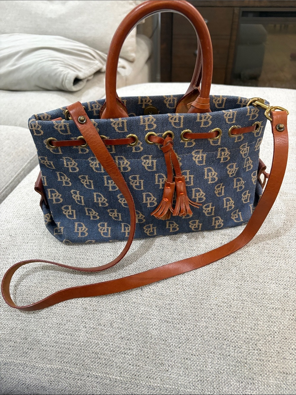 Dooney & Bourke Leather-Trim Denim Tote Bag in Blue and Tan